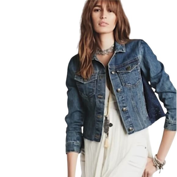 FREE PEOPLE Lace Inset Raw Hem Denim Jacket S - Picture 2 of 10